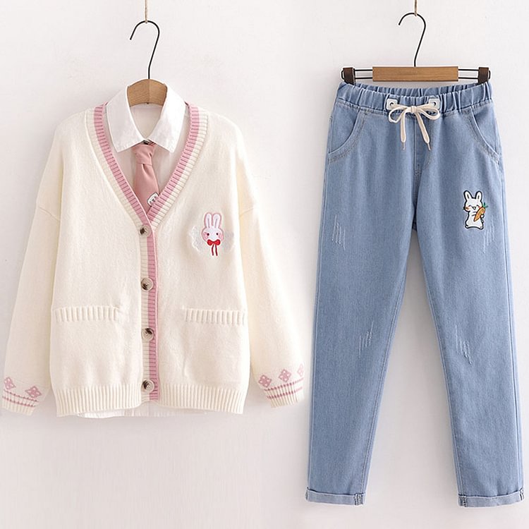 Cat Embroidered Cardigan Sweater Jeans Set - Modakawa Modakawa