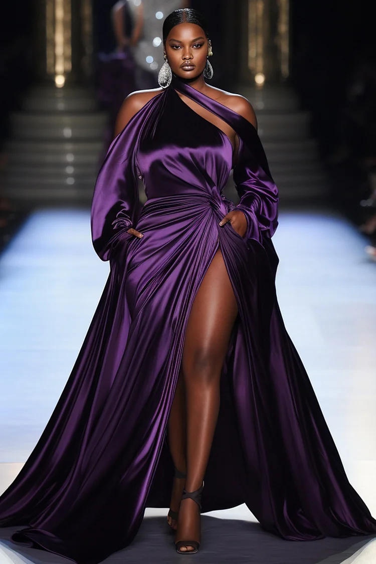 Xpluswear Design Plus Size Formal Purple Cold Shoulder Long Sleeve Split Satin Maxi Dresses [Pre-Order] 2024 - Xpluswear