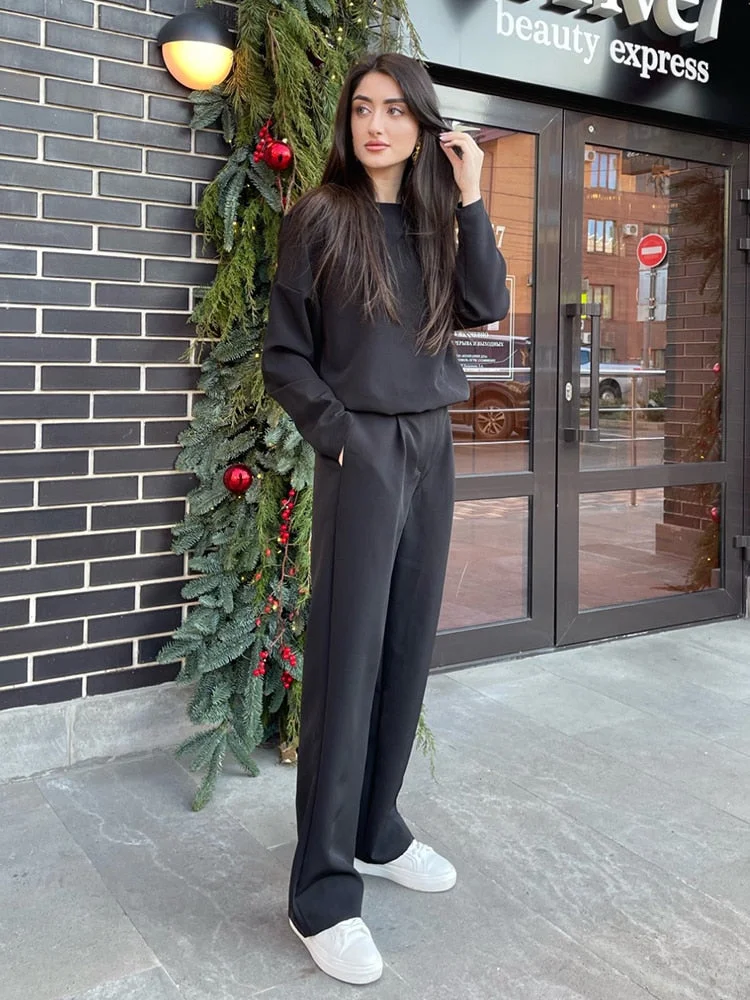 Huibahe Office 2-Piece Pants Suits Elegant Lady Long Sleeves Top And Classic Wide Pants Floor-Length Business Sets Two Piece