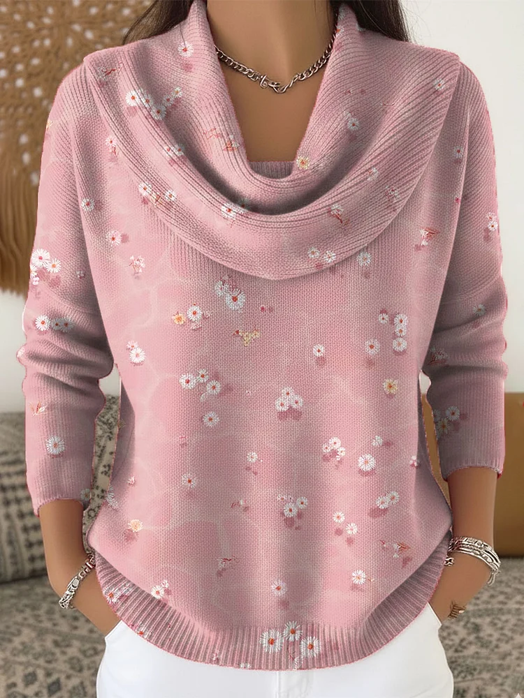 Women's Floral Art Print Cowl Neck Sweater