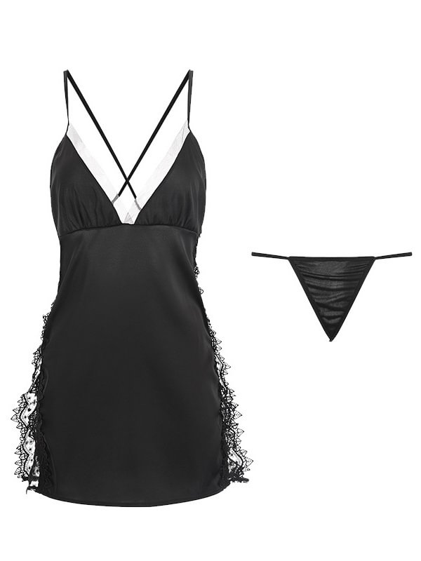 Plus Contrast Lace Slips With Thong Babydoll  Lace Pajamas