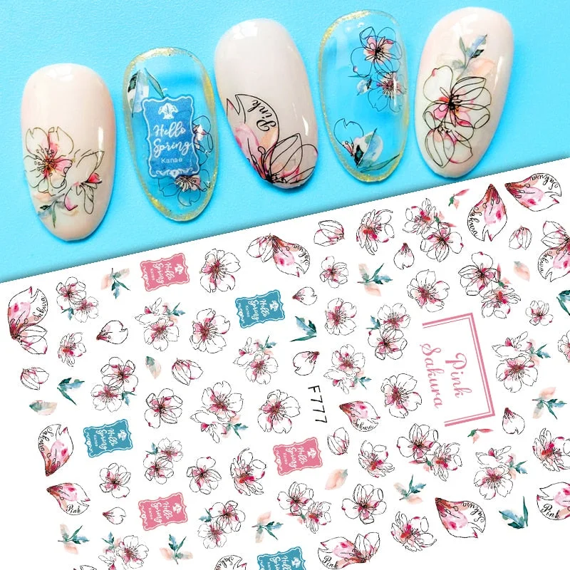Geometric Lines Flower Leaf 3D Nail Stickers Blue Gold Cool Fall Leaves Spring Transfer Slider Nail Art Decoration Manicures-Nail Inspo