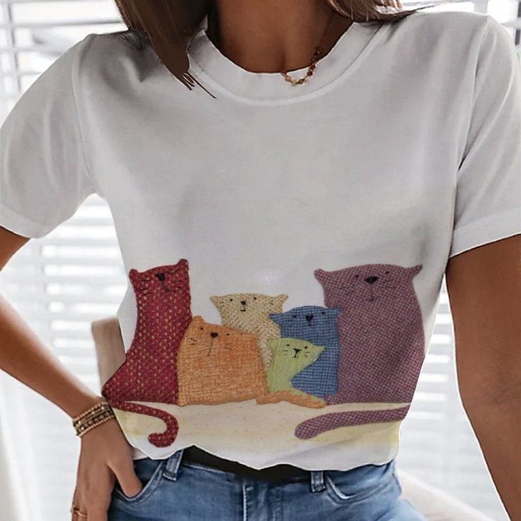Summer 3D Cute Cat T-shirt Women's 2022 Round Neck Street Style Harajuku Loose And Comfortable Fashion Shirt