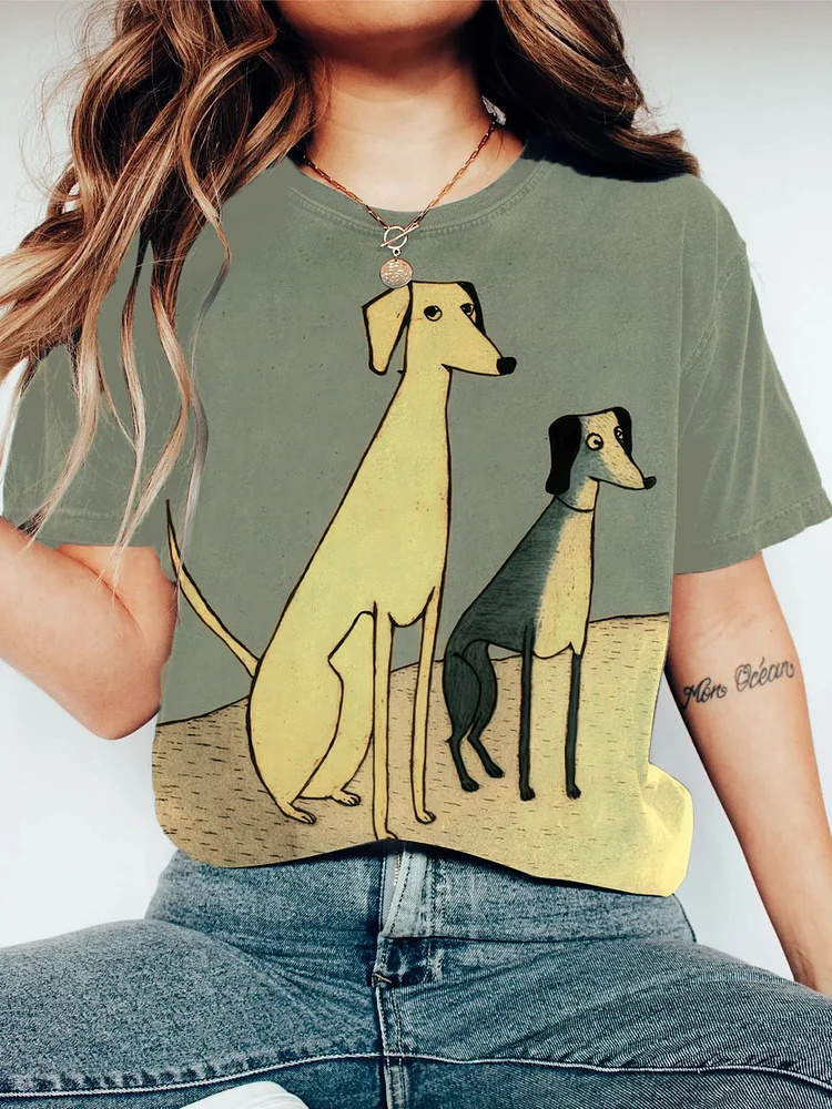 Women's Vintage Cute Dog Color Contrast Print Casual T-Shirt