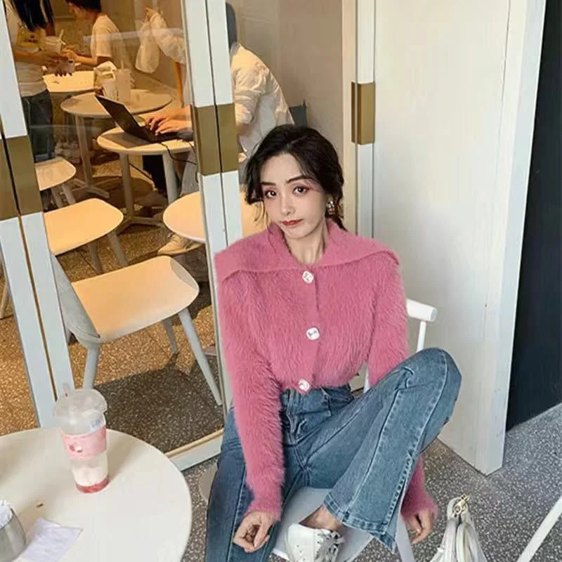 Cardigan Women Turn-down Collar Button Solid Plush Warm Kawaii Elegant Fashion All-match Slim Womens Street Wear Chic Simple New