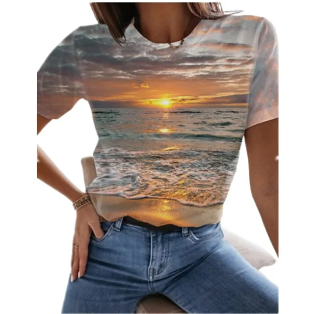 2021 New Summer Tops 6XL Women's 3D Ocean Scenery Streetwear Casual Short Long Sleeve O-Neck Large Size Top T-shirt
