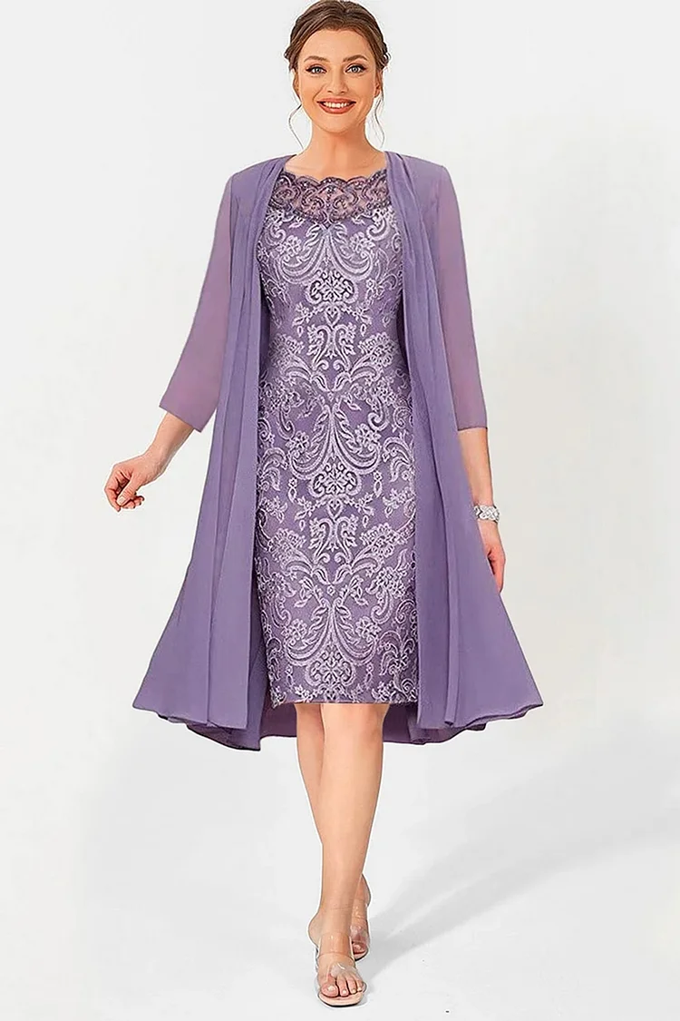 Flycurvy Plus Size Formal Purple Chiffon Lace Embroidery Tunic Two Pieces Midi Dress With Jacket  Flycurvy [product_label]