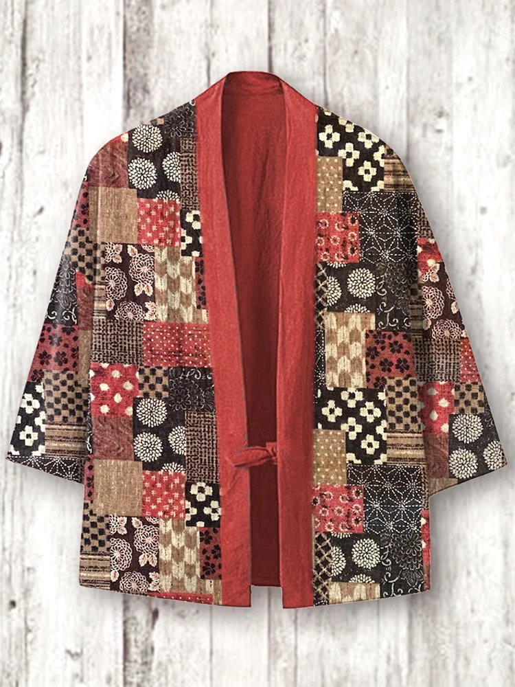 Vintage Japanese Art Patchwork Cozy Linen Blend Kimono Cardigan