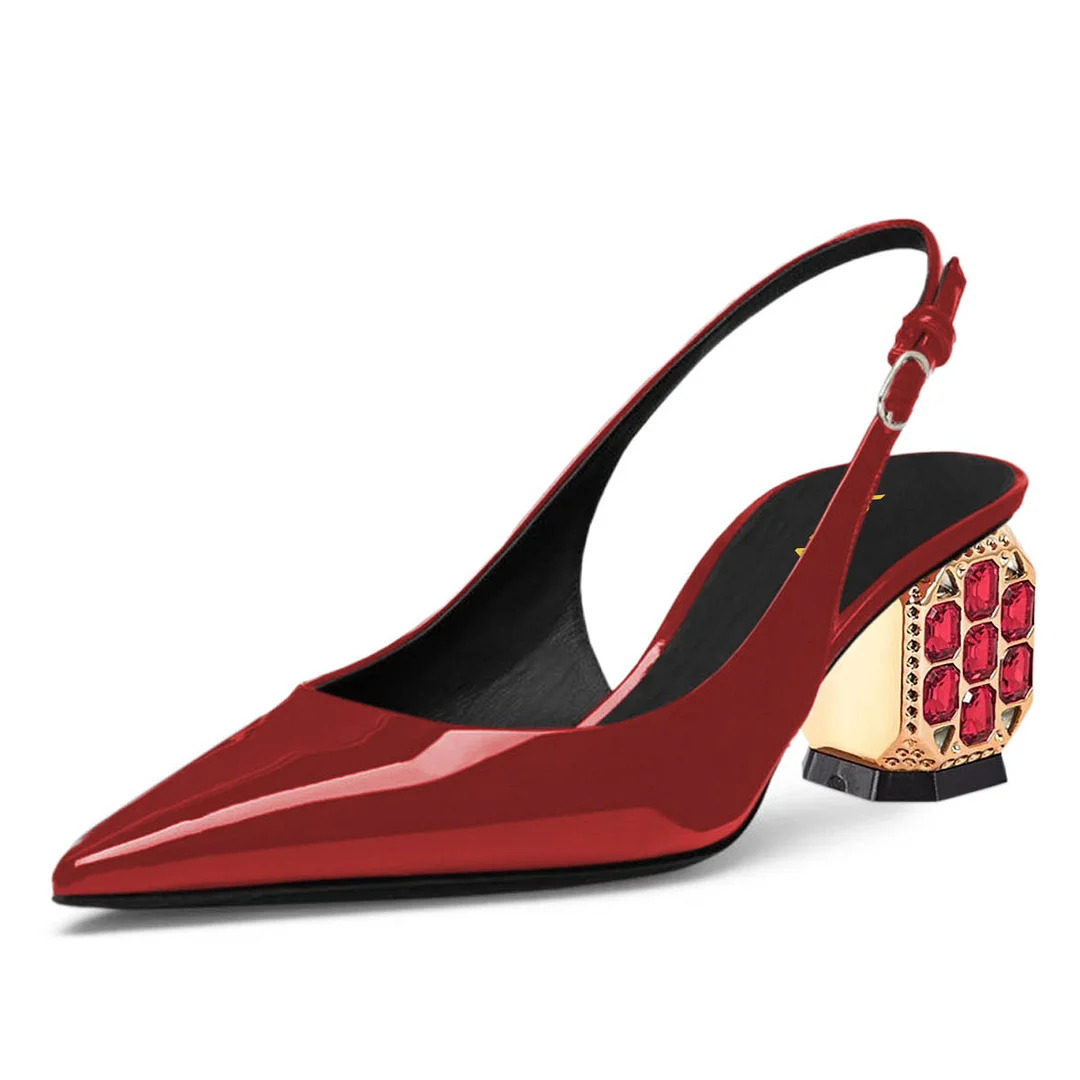 Red Patent Leather Pointed Toe Rhinestone Decor Slingback Heels