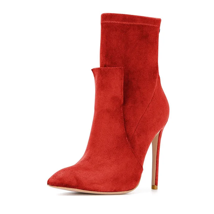 Red Fashion Zip Stiletto Boots Pointy Toe Suede Ankle Boots By FSJ |FSJ Shoes
