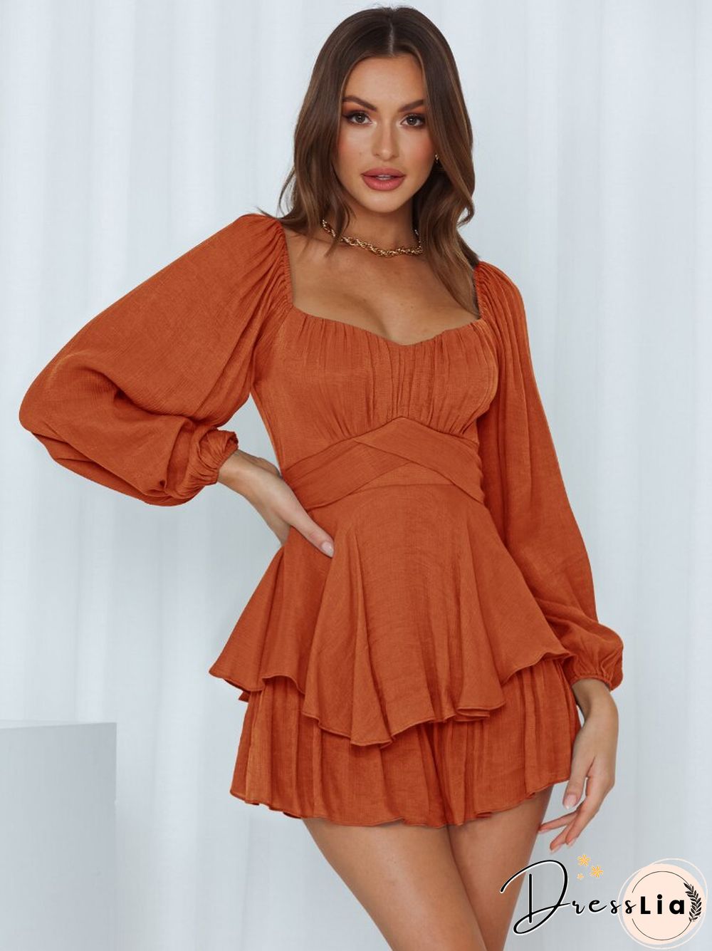 New Solid Color Women's Fashion Jumpsuit Square Collar Lantern Long Sleeve Ruffled Shorts Casual Skirt Dresses For Women Dress