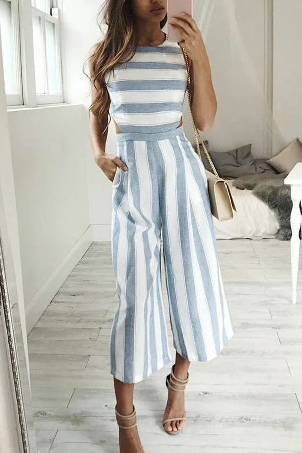 Casual Striped Cutout Pocket Cropped Jumpsuit