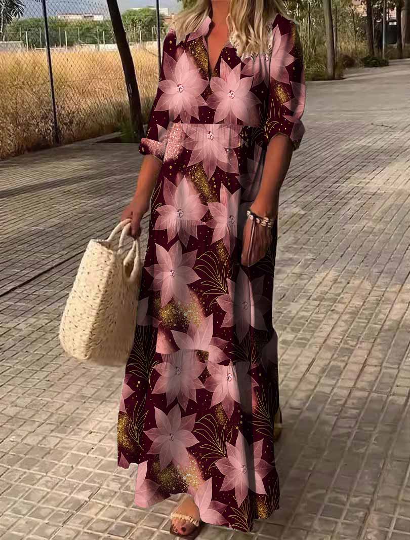 Women Floral, Wine Red, Red DZDN0652 SPU Printed Long Sleeve V-neck Maxi Dress