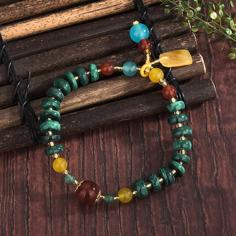 Natural Red Agate Malachite Bead Protection Charm Bracelet