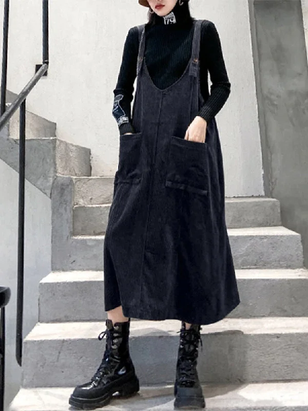 Casual Solid Color Split-Joint Midi Overall Dress