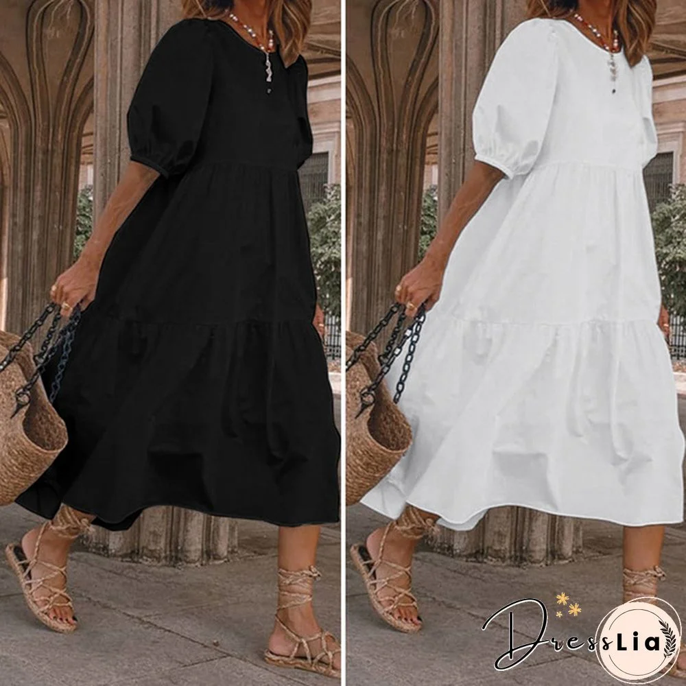 100% Cotton Women Puff Sleeve Party Long Dress Casual Loose Flare Holiday Dresses