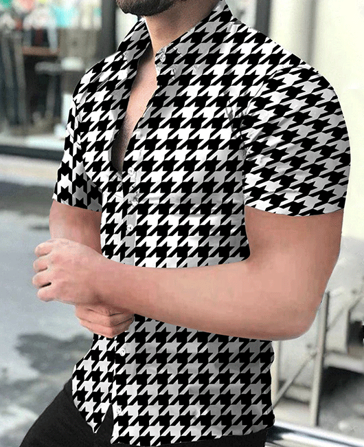 Casual Houndstooth Lapel Collar Short Sleeve Button Shirt