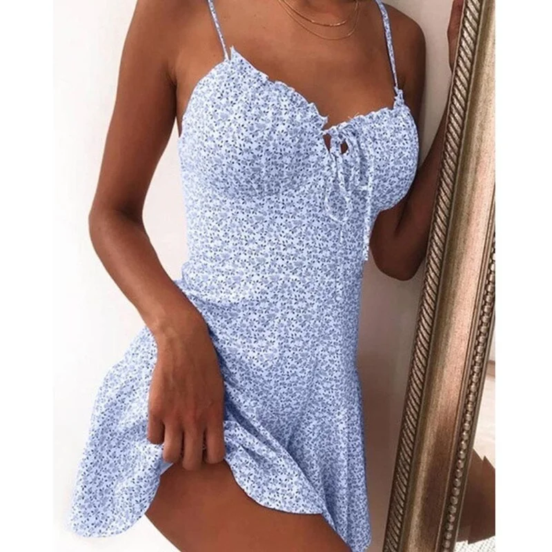 Women Summer Mini Dress Tie Front  Elegant Sexy Off Shoulder Ruffle Party Dress Femme Backless A-Line Dresses Floral Print tops