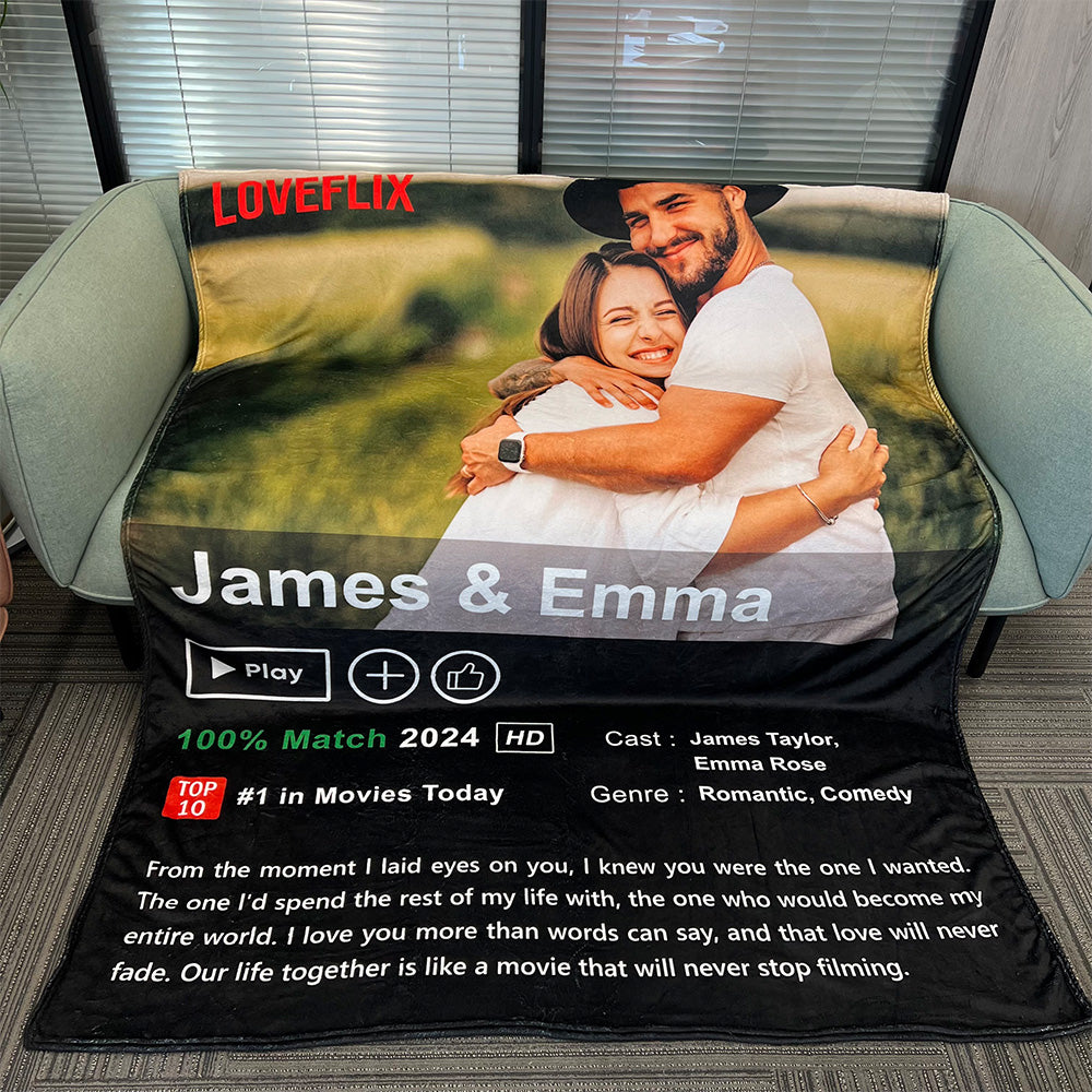 Custom LOVEFLIX Movie Photo Blanket featuring personalized love story design
