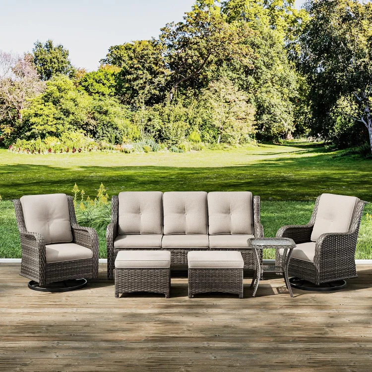  Patio Furniture Set 6 Piece Set with 1 Three-Seat Sofa, 2 Swivel Rocker Chairs, 2 Ottomans and 1 Side Table, Outdoor Furniture Patio Conversation Sets