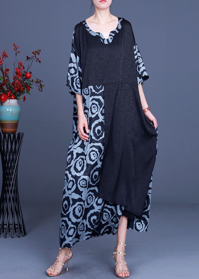 Stylish Black Asymmetrical Patchwork Print Holiday Dress