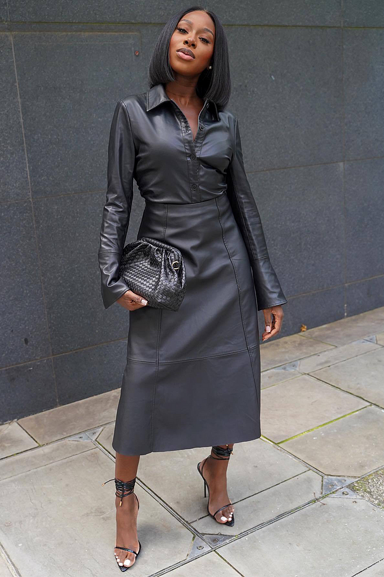 PU Leather Long Sleeve Blouse A-Line Midi Skirt Matching Set-Black