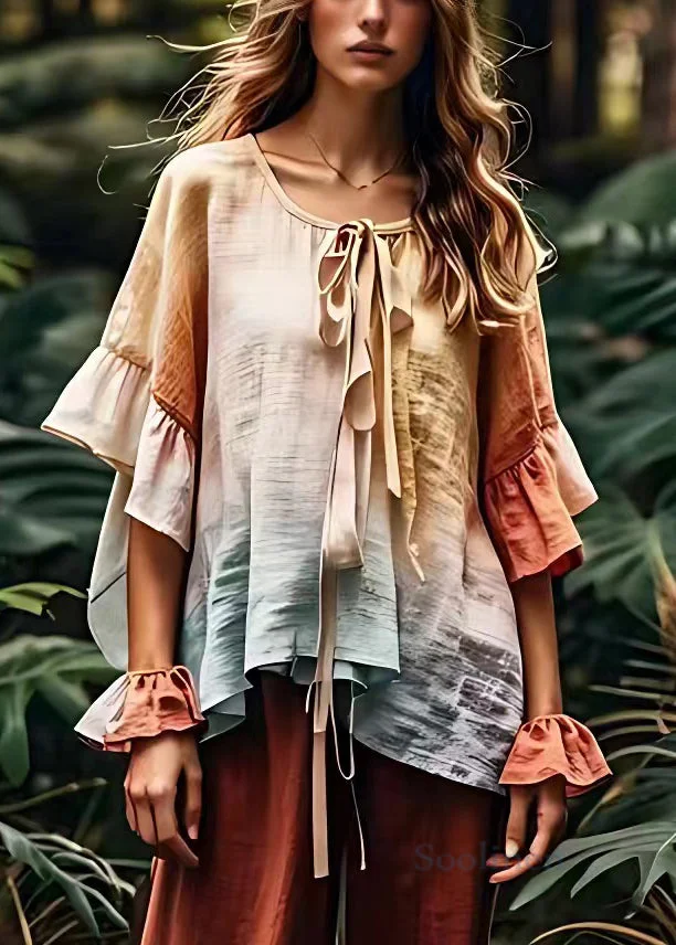 Pre sale - shipping in 30 days/Unique O Neck Lace Up Cotton Tops Half Sleeve
