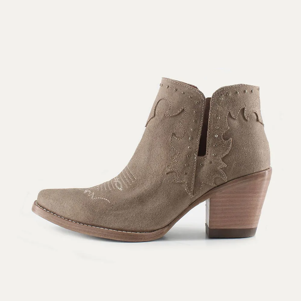 Taupe Studded Chunky Heel V-Cut Zipper Cowgirl Boots for Women