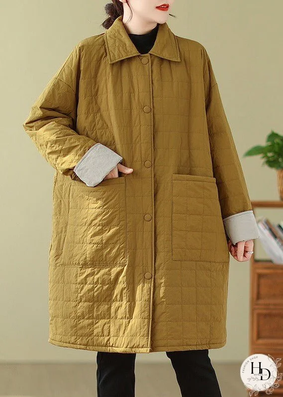 Yellow Pockets Patchwork Fine Cotton Filled Coats Peter Pan Collar Winter