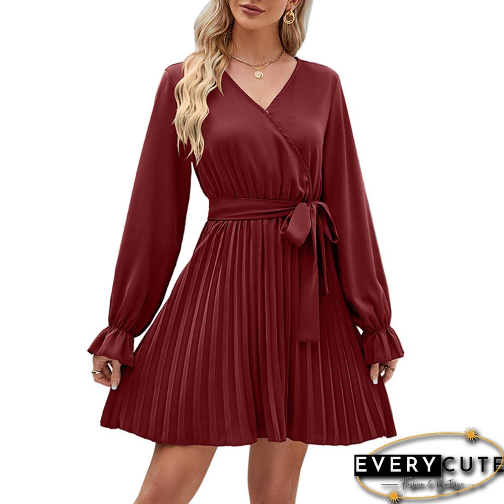 Burgundy V Neck Long Sleeve Pleated Mini Dress with Belt