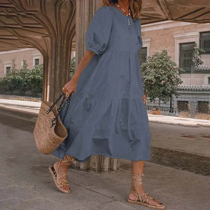 Vacation Puff Sleeve Solid Color Dress