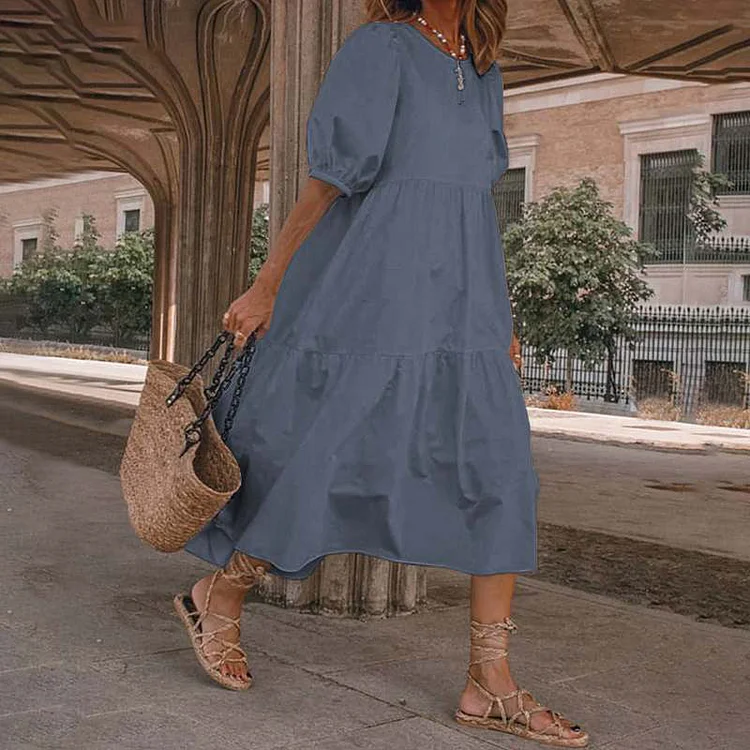 Vacation Puff Sleeve Solid Color Dress