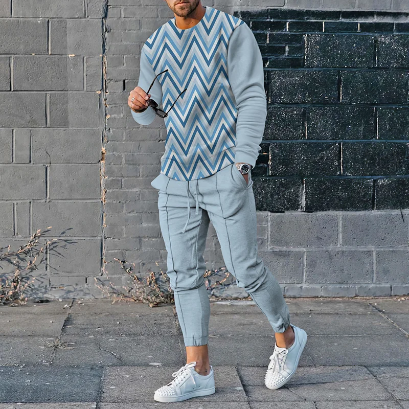 Mixed Color Wave Curve Printing Tracksuit Two Piece Set