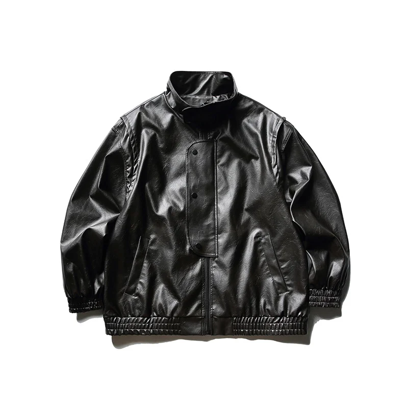 Men's PU Leather Coat Solid Color Basic Stand Collar Leather Retro Motorcycle Biker Jacket Oversized
