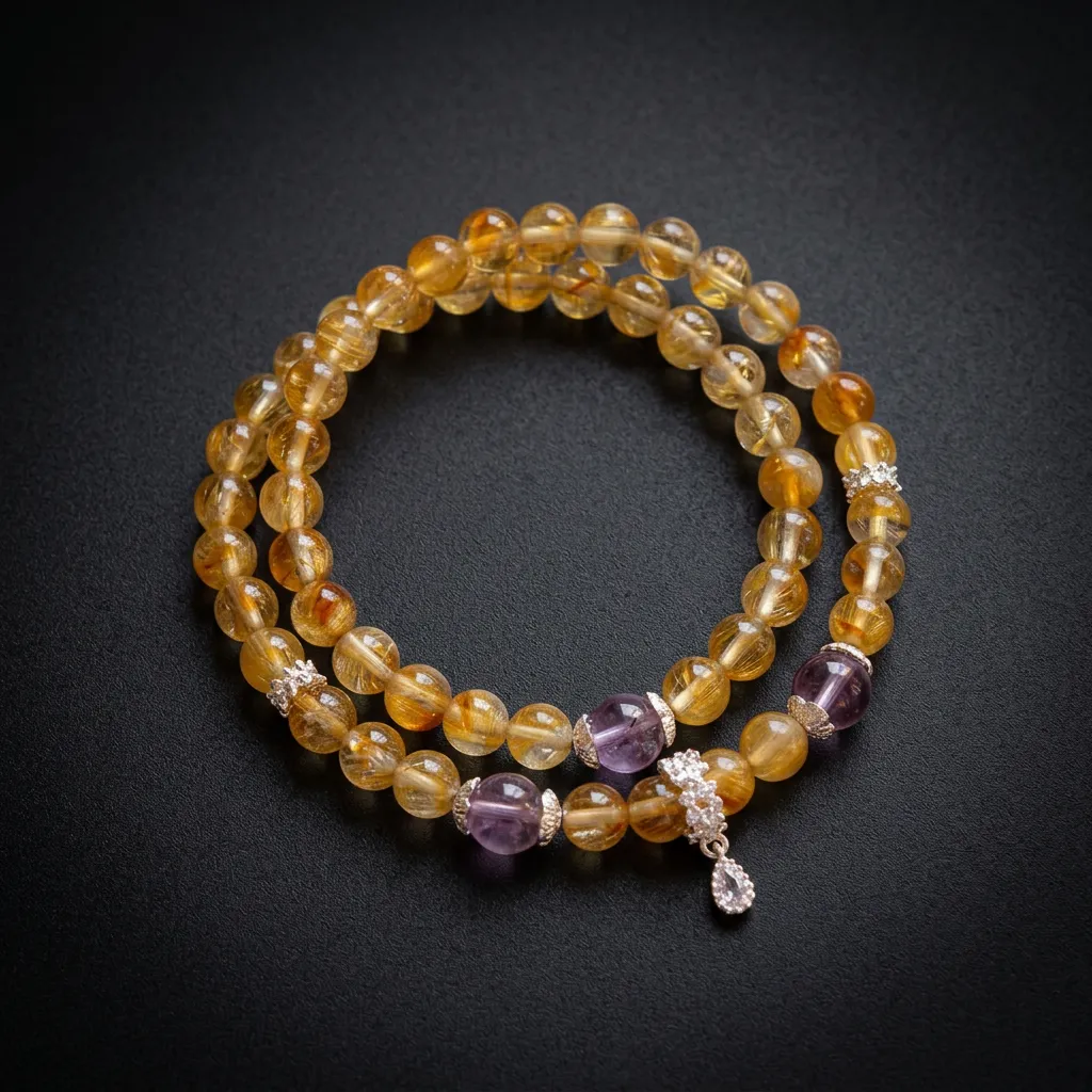 JiStones Golden Radiance: Natural Citrine & Amethyst Multi-Wrap Crystal Bracelet Golden Honey Citrine & Amethyst Double-Wrap