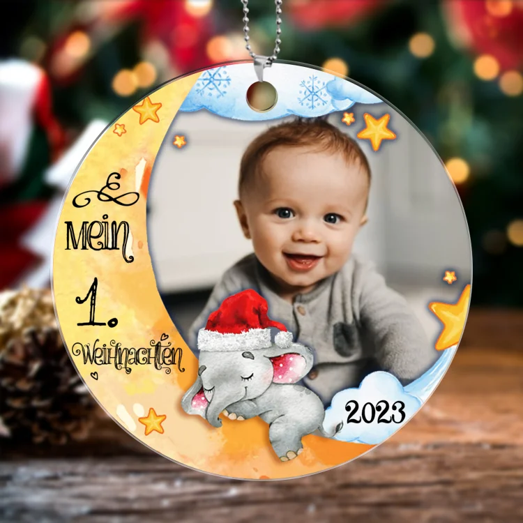 Kettenmachen Acryl Weihnachtsornament-Personalisierter 1 Name & Foto Halbmond Rund Baby Ornament/Schlüsselanhänger- Mein 1. Weihnachten mit Schlüsselring