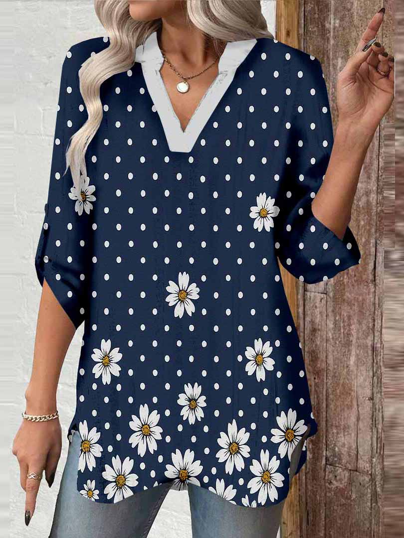 Women Polka-Dot,Floral,Blue DZGA0319 3/4 Sleeve V-neck Printed Graphic Button Tops
