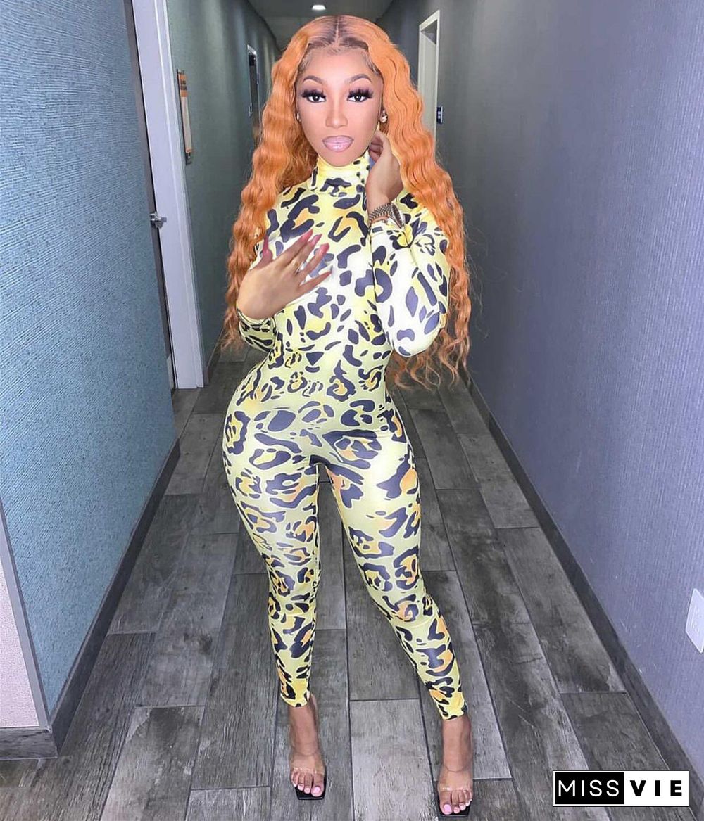 Leopard Print Turtleneck Long Sleeve Skinny Jumpsuit