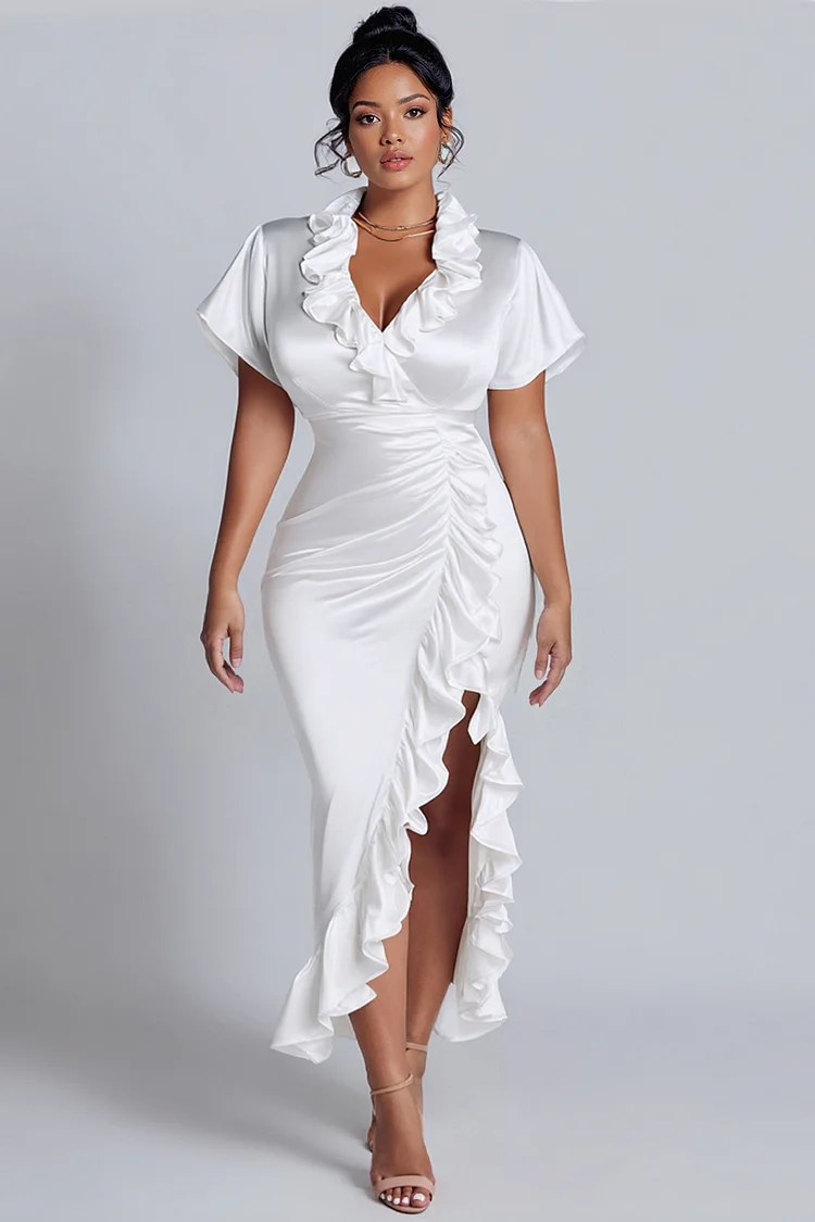 Xpluswear Design Plus Size Wedding White V Neck Short Sleeve Ruffle Split Satin Midi Dresses [Pre-Order] 2024 - Xpluswear