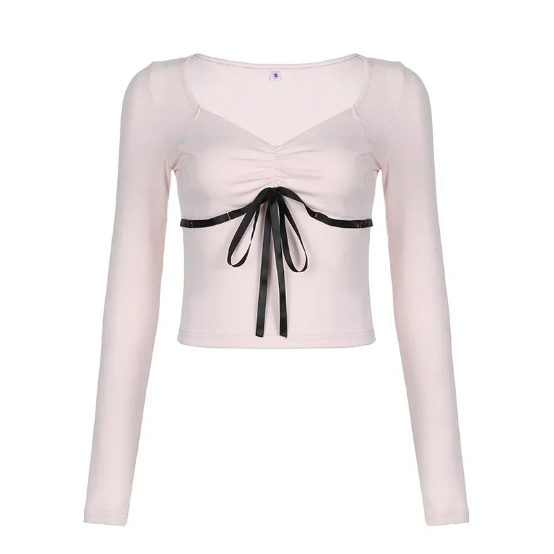Huibahe Contrast Ribbons Lace-up Bow Cropped Top Pink Coquette Aesthetic Slim Folds V-neck Knitted T-shirts Fall Cute Tee