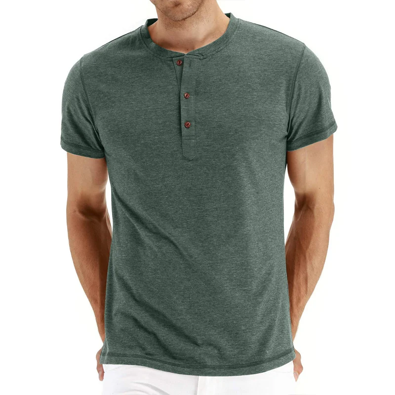 Men Round neck short sleeve Henley Shirt  Tough Men Style Loose Linen Shirt With Brown, Green and 10 Colors