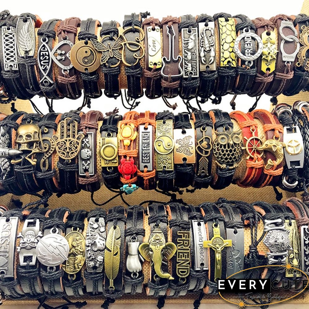 Wholesale 50pcs/Lot Leather Metal Charm Bracelets For Men Vintage Cuff Bracelets For Women Gifts Jewelry Mix Style