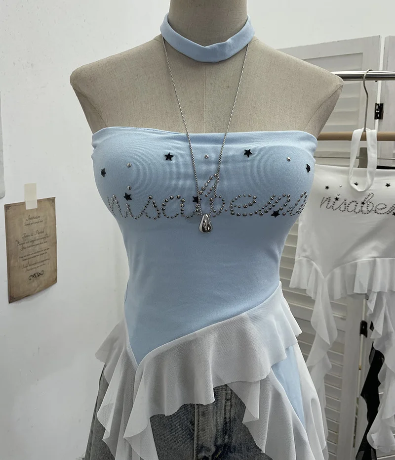 Nigikala Nigikala Shooting Hottie Letter Hot Diamond With Chest Pads To Wear Chest Vest Irregular Mesh Ribbon Hanging Neck Sleeveless Top 2729