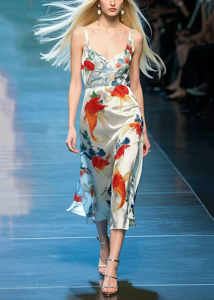 Embroidered Fish Semi-Sheer Cami Dress