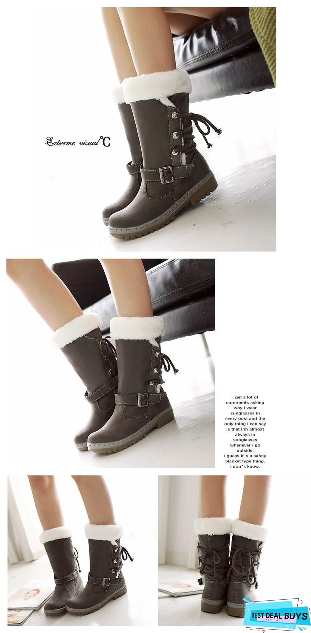 Women Leather Warm mid-calf Plush Fur Velvet Boots Booties Snow Shoes