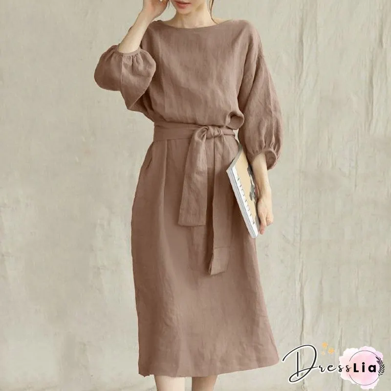 Solid Puff Sleeve Pocket Tie Crew Neck Maxi Vintage Dress