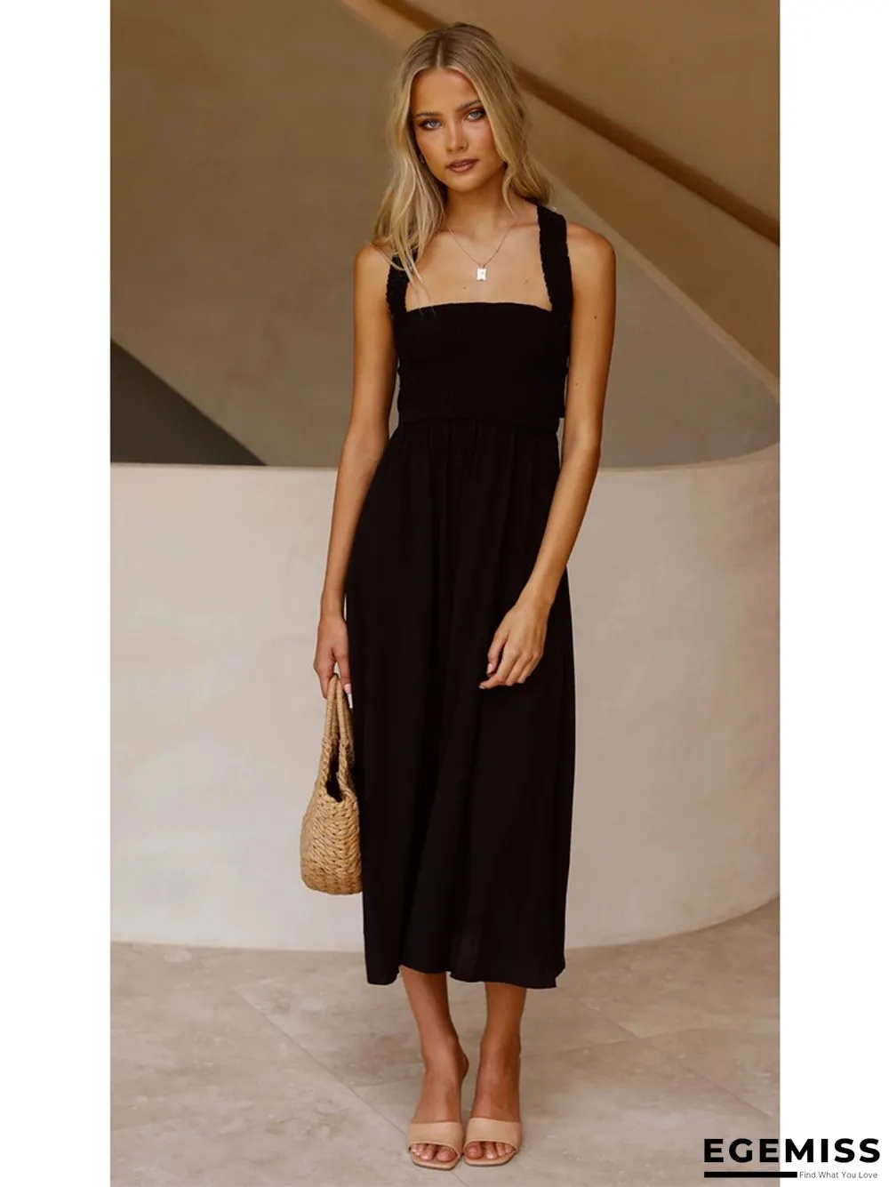 Casual Fashion Solid Color Cotton Linen Suspender Dress | EGEMISS