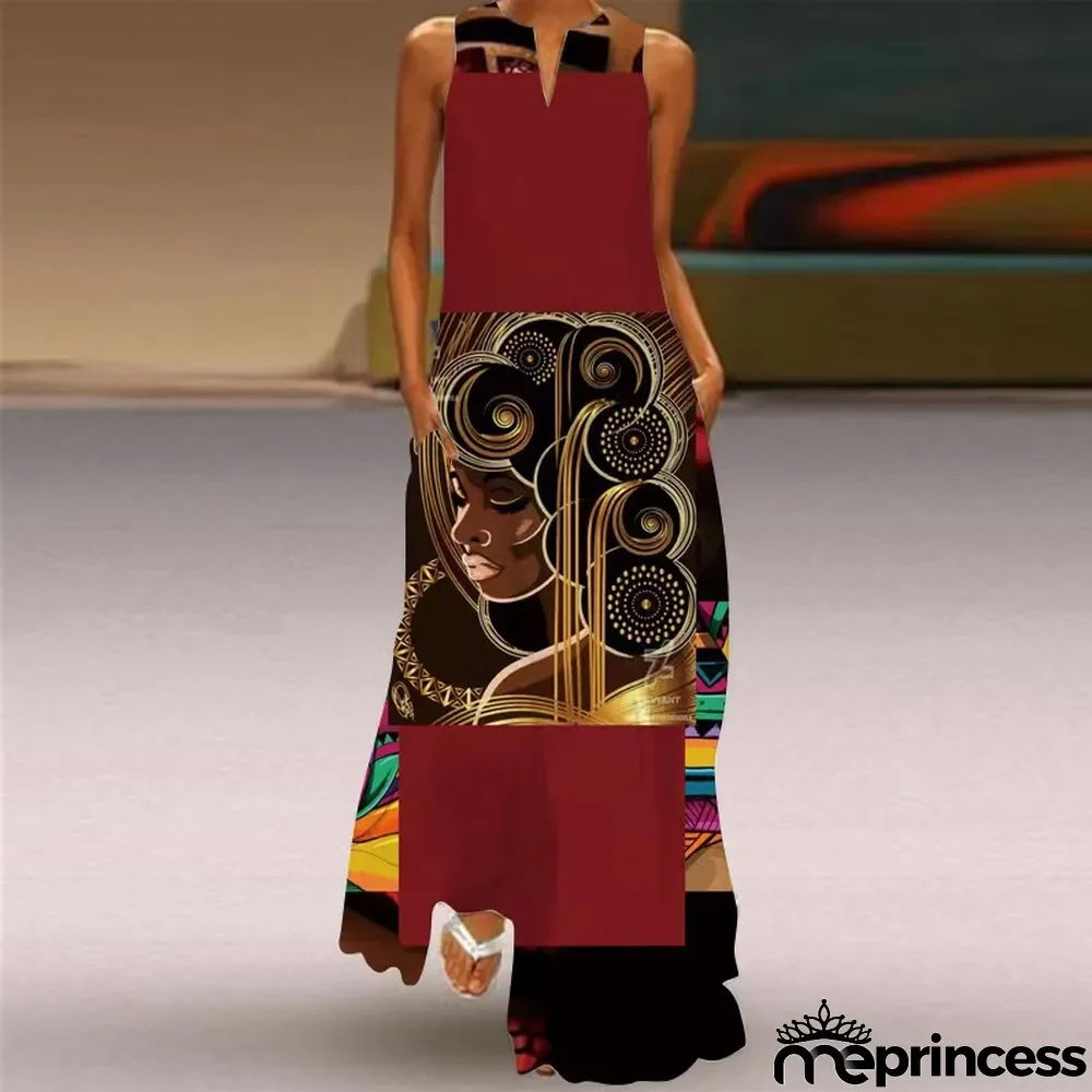 Summer women's sleeveless dress v-neck printed face dress