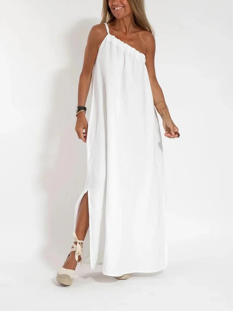 Stylish slant shoulder asymmetrical slit dress 