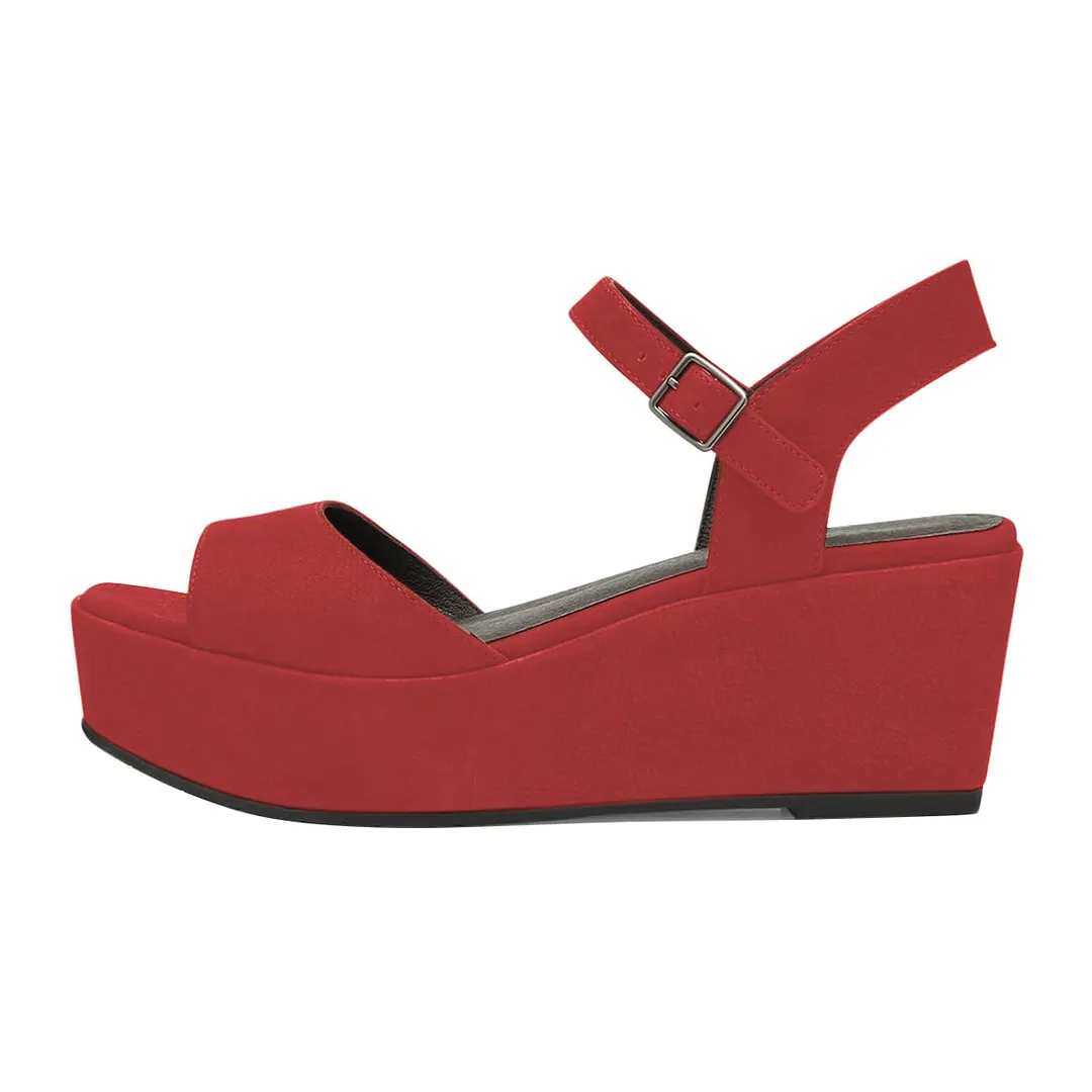 Vegan Suede Ankle Strap Open Toe Platform Heel Sandals in Red